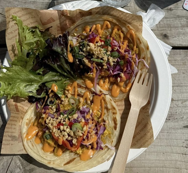 Gourmet street food platter with fresh toppings